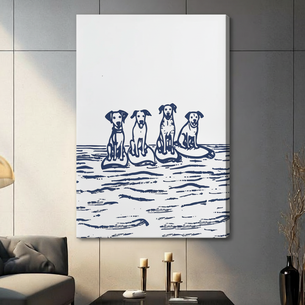 Nautical dog canvas print displayed in modern living room – coastal wall art decor	