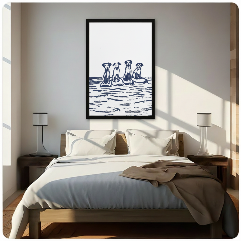 Framed surfing dogs art print in bedroom setting – nautical pet wall decor
