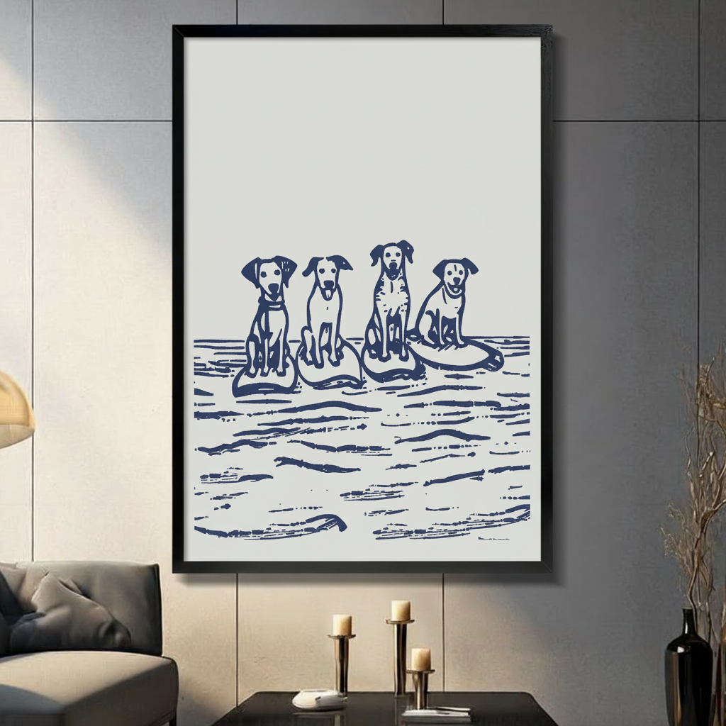 Surfing dogs nautical wall art print – three dogs sitting by the ocean, framed canvas