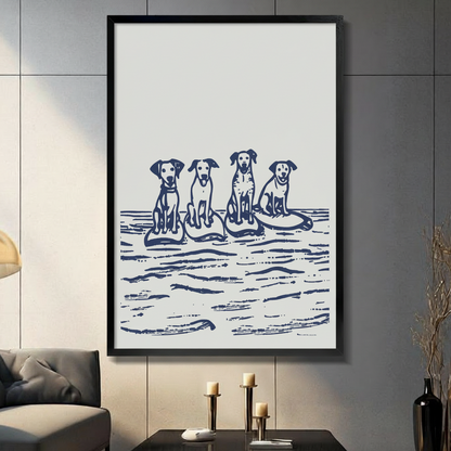 Surfing dogs nautical wall art print – three dogs sitting by the ocean, framed canvas