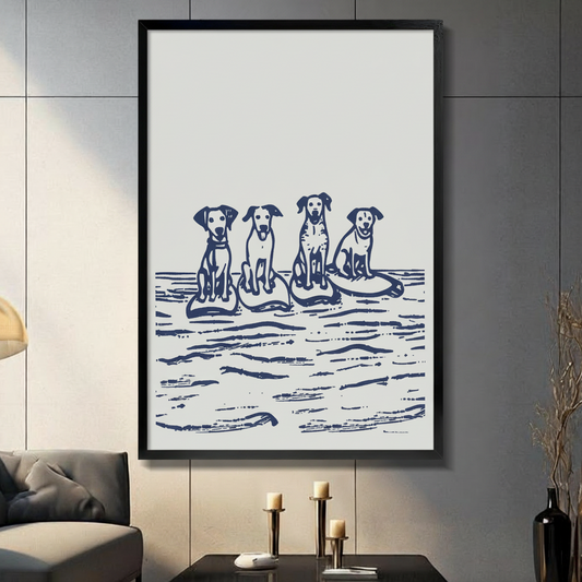 Surfing dogs nautical wall art print – three dogs sitting by the ocean, framed canvas