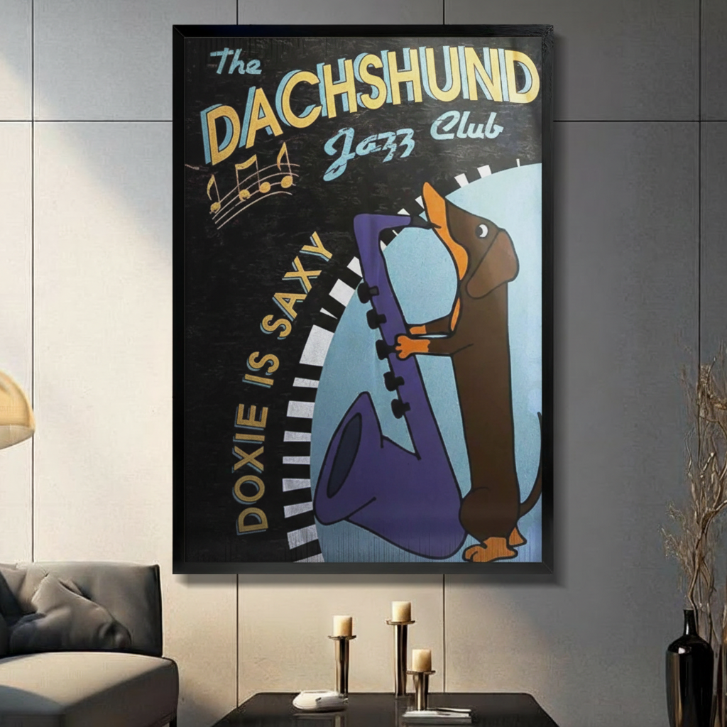 Dachshund Jazz Club framed canvas wall art in modern living room – bold vintage dog print above sofa