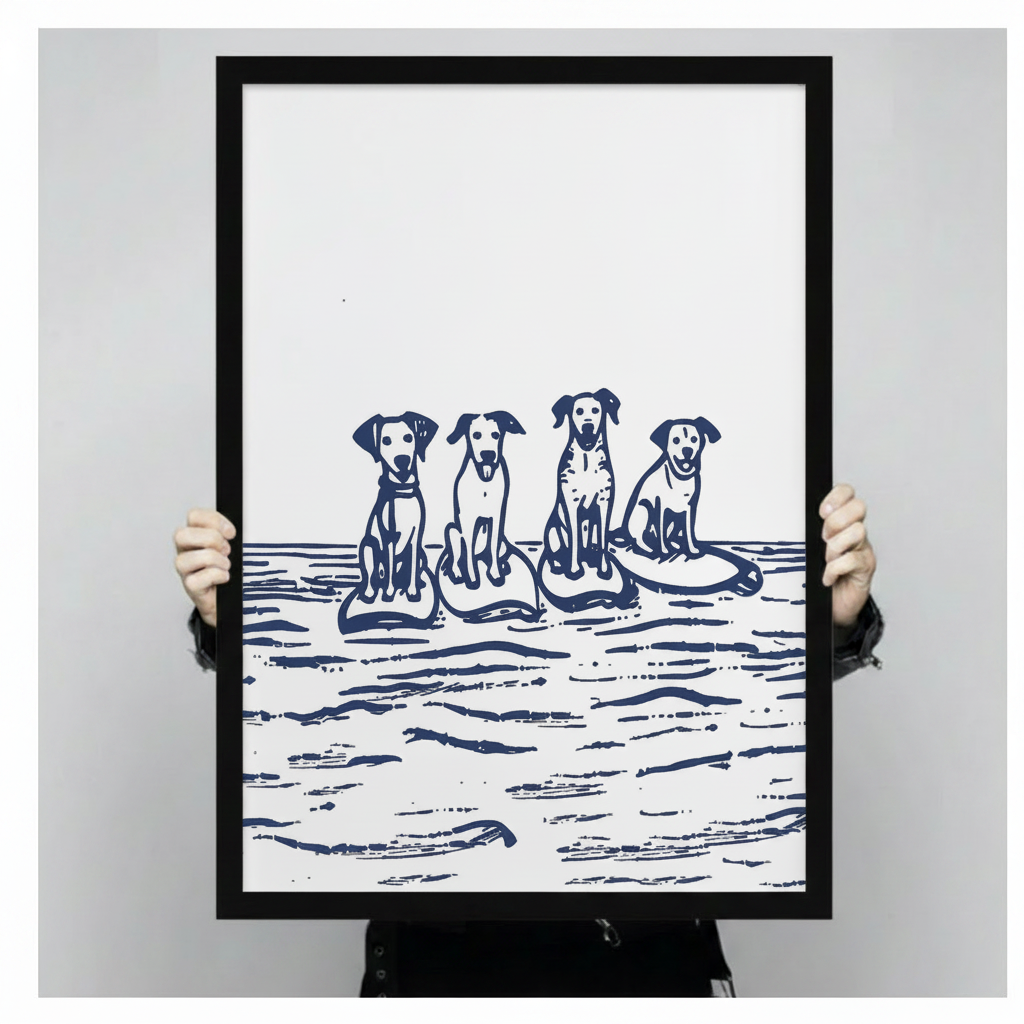 Surfing dogs wall art print packaging and quality detail – premium canvas pet art	