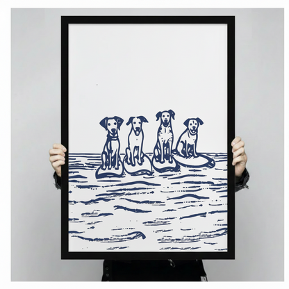 Surfing dogs wall art print packaging and quality detail – premium canvas pet art	