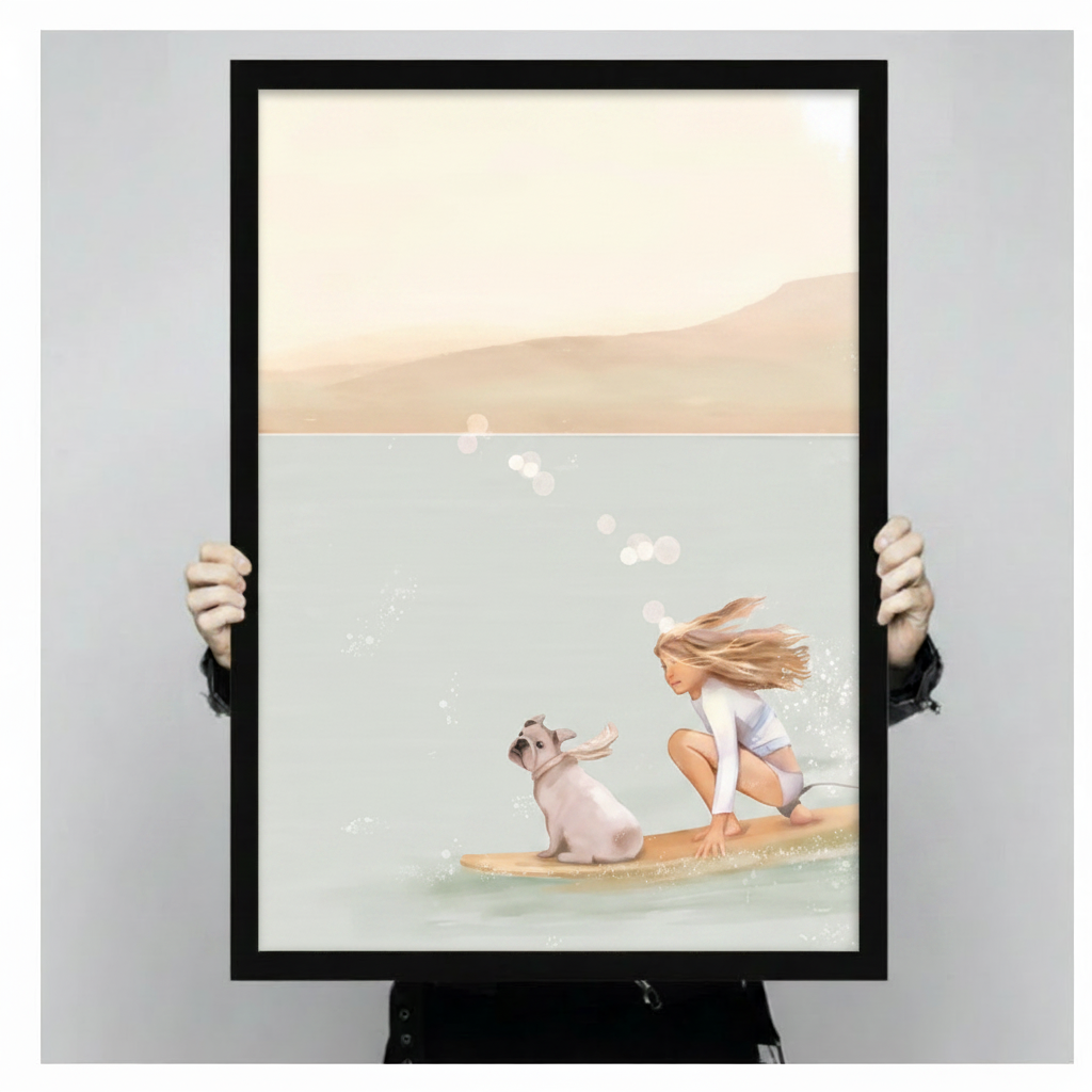 Hand-held product shot of a black-framed art print showing a girl and French bulldog surfing on a pastel teal and sandy beige ocean scene