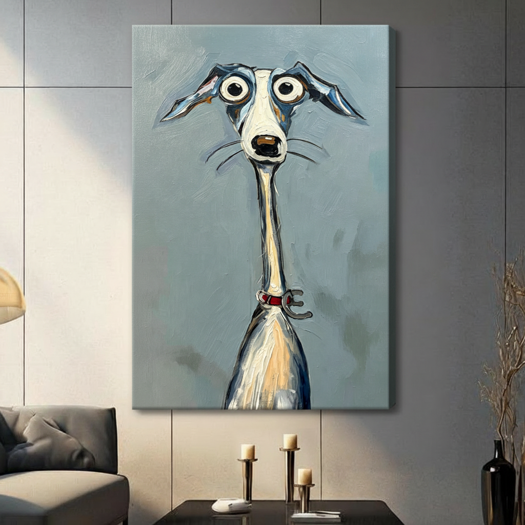Whimsical expressionist oil painting of a startled greyhound in extreme close-up with enormous round white eyes a long flat white snout wide open mouth fine whiskers and blue-gray floppy ears on an impossibly slender neck with cream chest and a small red collar with a bone tag against a blue-gray impasto brushstroke background funny dog wall art stretched canvas in a living room with light gray panel wall dark sofa and black vase