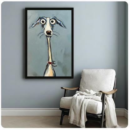 Whimsical expressionist oil painting of a shocked greyhound in portrait view with oversized round white eyes a long flat open-mouthed snout thin outward whiskers wide-spread blue-gray ears and an extremely slender neck with ivory and warm yellow chest coloring and a red dog collar with a bone tag on a blue-gray heavily textured painted background humorous dog wall art framed print beside a white linen armchair on a blue-gray wall