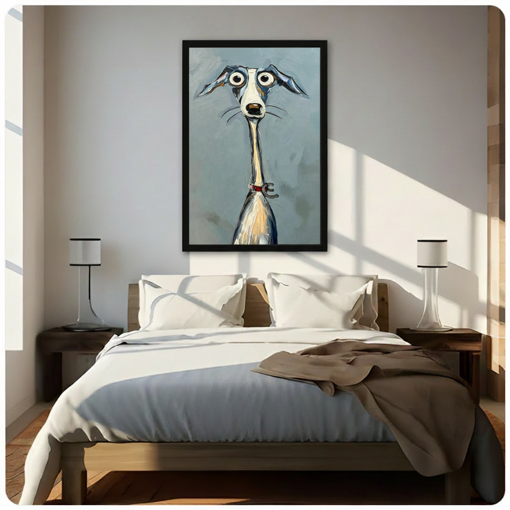 Whimsical expressionist oil painting of a startled greyhound in dramatic close-up portrait with massive round white eyes black dot pupils a flat elongated white snout and open mouth thin whiskers floppy blue-gray ears and a long slender neck with ivory and golden chest markings and a red collar with a bone tag on a textured blue-gray painted background funny animal wall art framed print above a bedroom with white linen bedding and dark wood bedside tables