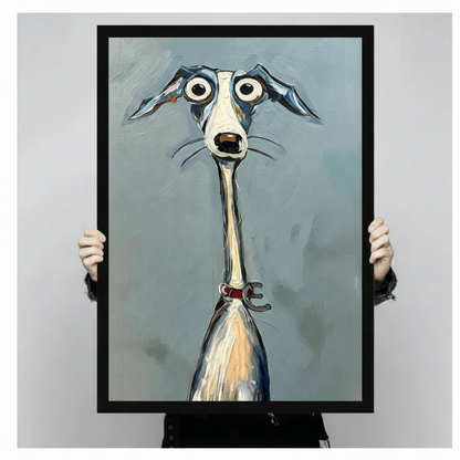 Whimsical expressionist oil painting of a stunned greyhound in extreme portrait close-up with enormous white googly eyes a long narrow pale muzzle open mouth splayed blue-gray ears fine whiskers and a very thin elongated neck with cream underbelly and a small red collar bearing a bone pendant against a moody blue-gray impasto oil background comical dog wall art framed print held against a light gray background
