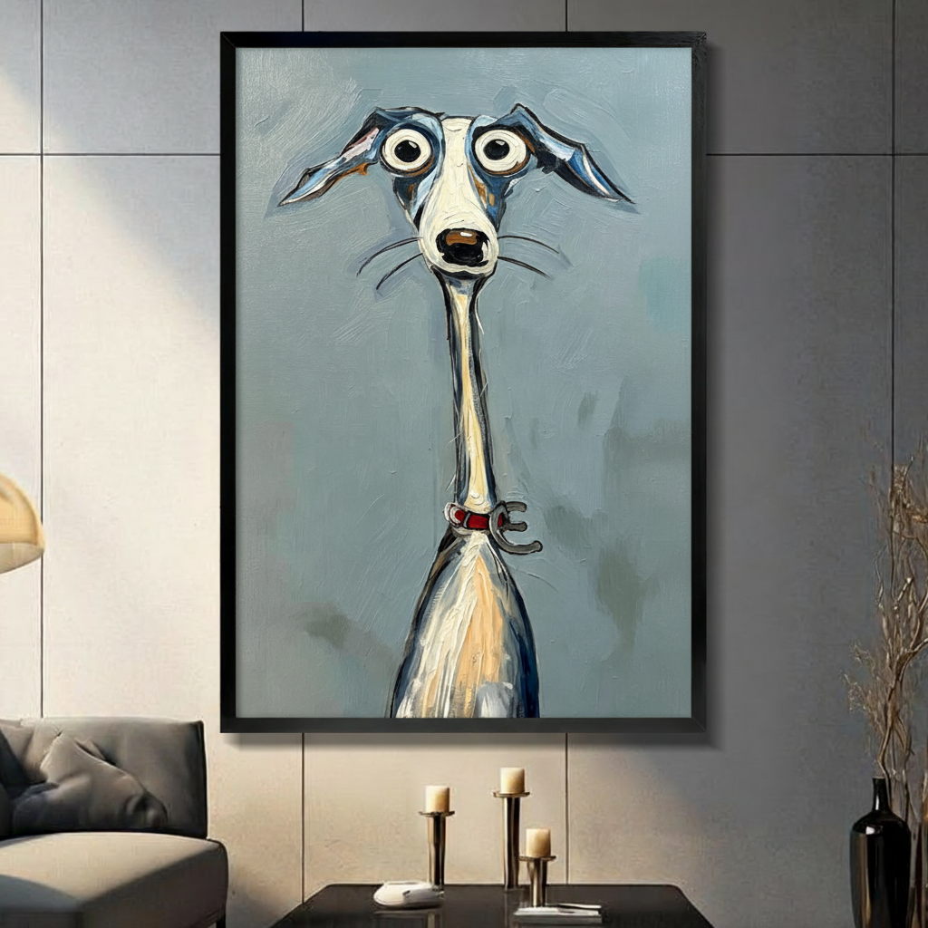 Whimsical expressionist oil painting of a wide-eyed astonished greyhound portrait in close-up with huge circular white eyes black pupils a narrow elongated white muzzle gaping open fine side whiskers splayed blue-gray ears and a slender pale neck with warm cream underbelly and a small red collar with bone charm against a textured blue-gray oil-painted background quirky dog wall art framed print in a living room with light gray panel wall dark sofa and black vase