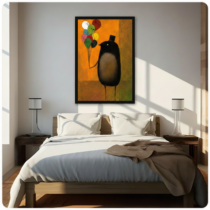 Surreal black bird with top hat and multicolored face balloons framed canvas print above bed, bold whimsical wall art adding dramatic character to bright neutral bedroom