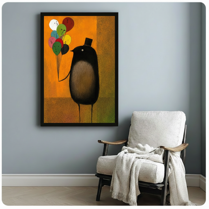 Dark surrealist bird in top hat holding face balloons canvas art in black frame, hung on blue-grey wall beside white linen armchair in cozy modern room