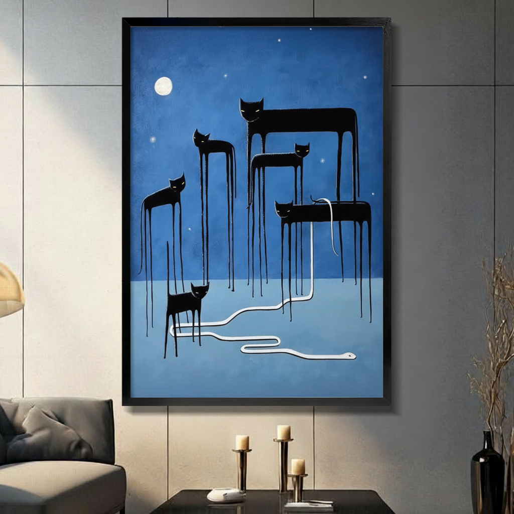 Black framed surreal black cats with impossibly long dripping legs standing beneath a glowing full moon on a deep blue night sky canvas art with a white serpent weaving between them, displayed on a gray tile wall above a console table with gold candlesticks beside a charcoal sofa