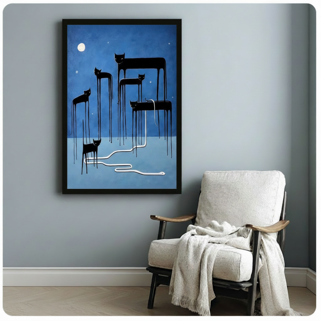 Black framed surreal moonlit black cats canvas art with five mysterious long-legged feline silhouettes whose legs dissolve into dripping lines beneath a bright full moon, with a white serpent coiling at their feet, displayed on a blue-gray wall beside a white linen folding armchair with a cream throw blanket