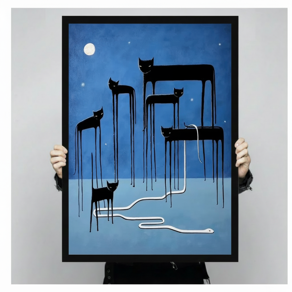 Person holding up a large black framed surreal black cat moon canvas art print showing five eerie elongated cats with dripping melting legs standing on a deep blue night landscape with a glowing full moon and a white snake slithering between them against a light gray background