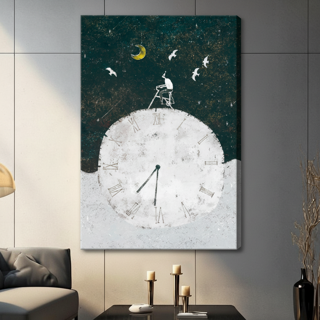 Unframed stretched canvas print of a dreamy surrealist scene with a small figure perched on a ladder atop a massive white clock with Roman numerals a glowing yellow crescent moon and white flying birds against a deep teal starry night sky