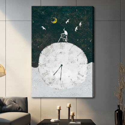 Unframed stretched canvas print of a dreamy surrealist scene with a small figure perched on a ladder atop a massive white clock with Roman numerals a glowing yellow crescent moon and white flying birds against a deep teal starry night sky
