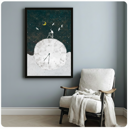 Black framed surrealist clock and moon canvas art print with a lone figure on a ladder sitting on a giant Roman numeral clock globe with a golden crescent moon and white bird silhouettes on a dark teal textured background beside a white linen armchair