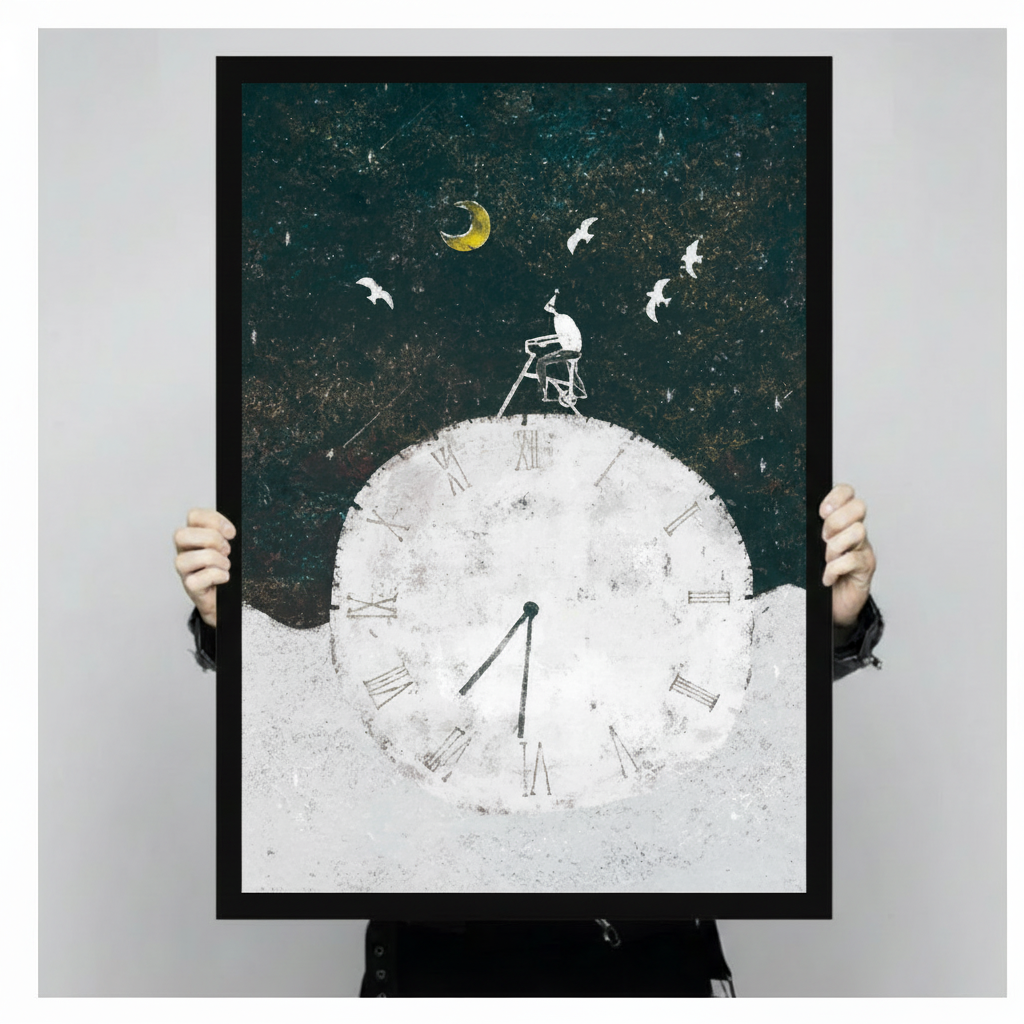 Person holding a large black framed surrealist illustration canvas art print showing print size scale with a small figure on a ladder atop a giant white Roman numeral clock under a golden crescent moon with white birds on a deep teal night sky