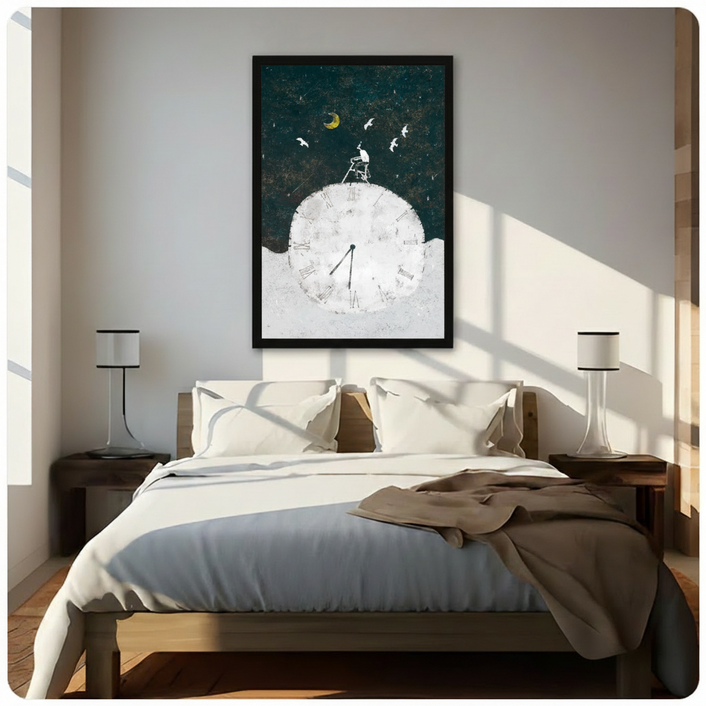 Framed surrealist illustration of a solitary figure seated on a ladder atop a giant white clock with Roman numerals under a glowing crescent moon with white bird silhouettes and shooting stars on a deep teal textured night sky canvas wall art above a dark walnut bed in a sunlit bedroom