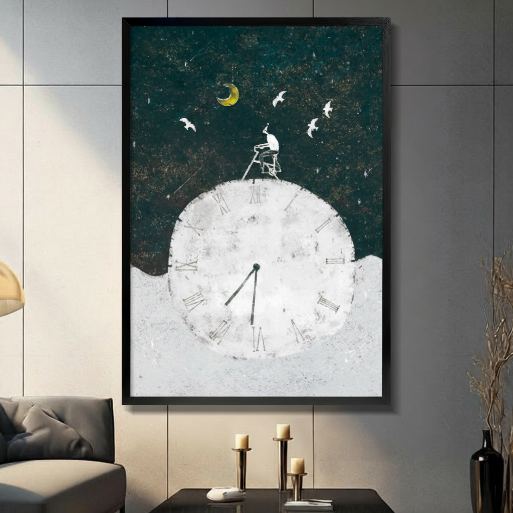 Framed surrealist illustration canvas wall art of a tiny figure sitting atop a ladder on a giant white Roman numeral clock sphere under a golden crescent moon with white bird silhouettes and shooting stars on a deep teal green textured night sky background in a modern living room