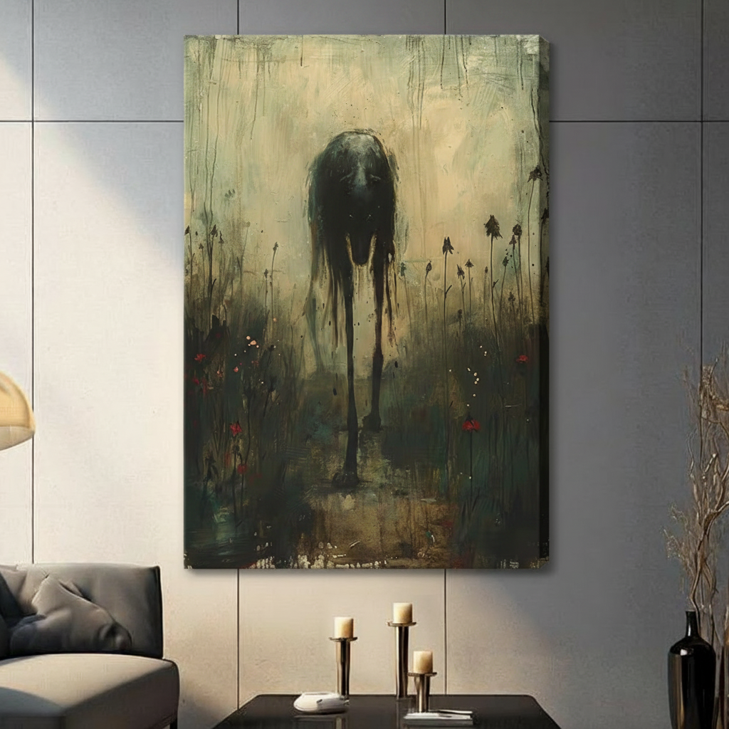 Gallery wrap stretched canvas of a haunting black faceless surreal creature with dripping elongated legs looming over a dark wildflower field with red blooms and dry stems on a distressed golden brown background hung frameless on a gray wall