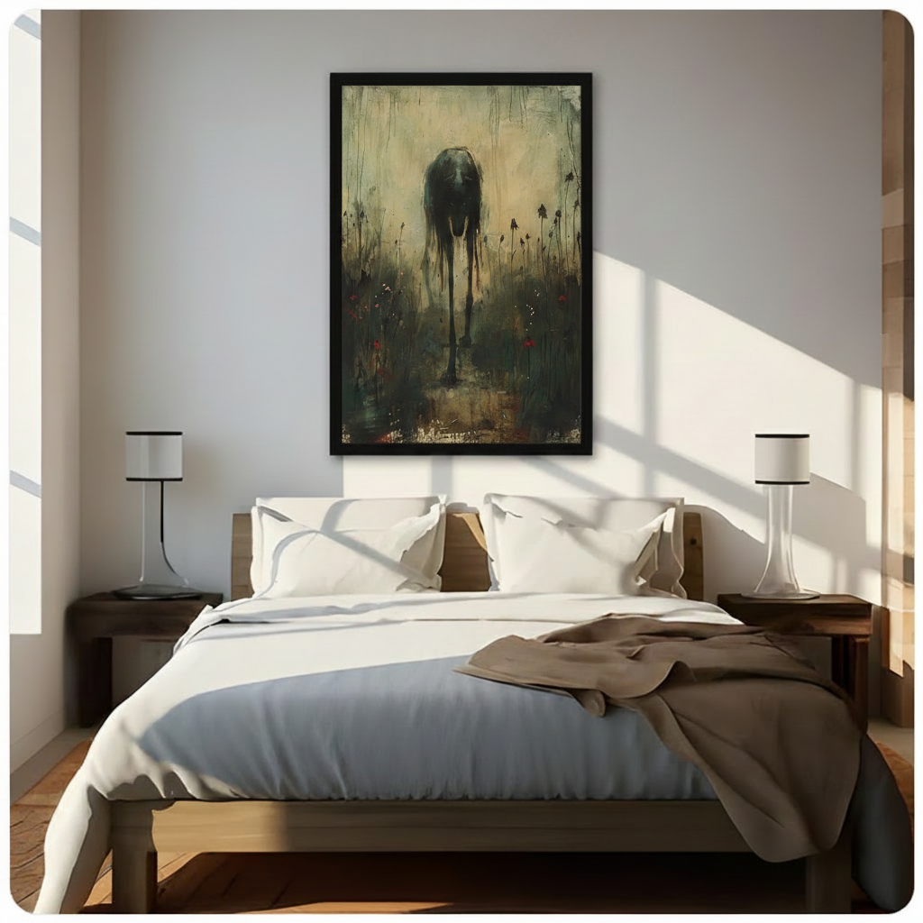 Black framed eerie dark surrealism faceless black creature with dripping elongated form standing in a withered wildflower field canvas wall art with distressed golden background hung above a dark wood bed with white linen bedding in a sunlit bedroom