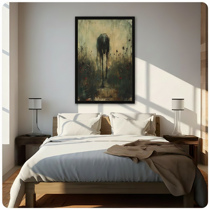 Black framed eerie dark surrealism faceless black creature with dripping elongated form standing in a withered wildflower field canvas wall art with distressed golden background hung above a dark wood bed with white linen bedding in a sunlit bedroom