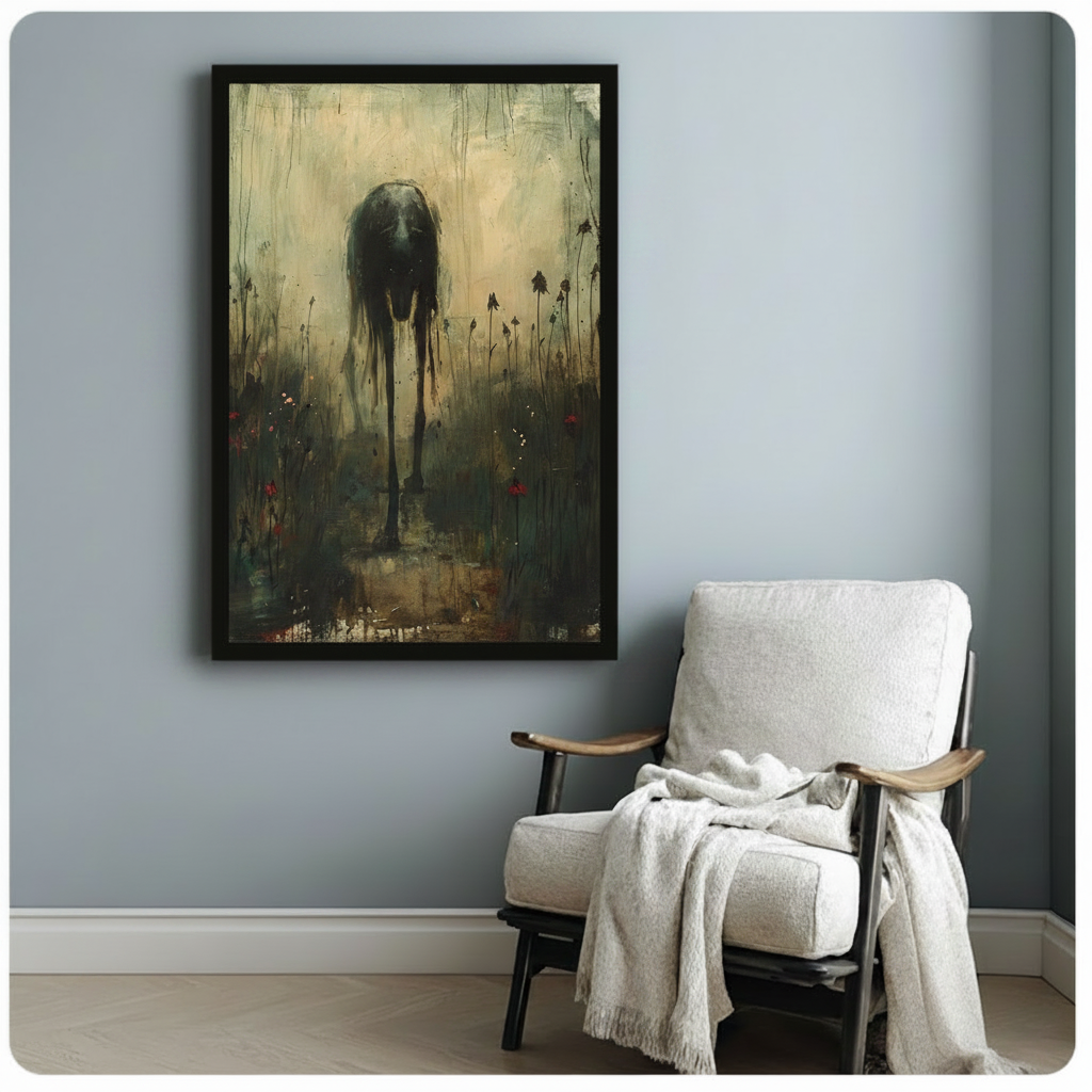 Black framed gothic dark surrealism mysterious creature with dripping black hair-like form and ultra-thin legs in a red flower meadow oil painting canvas print hung on a soft blue-gray wall beside a white upholstered wood lounge chair with cream throw