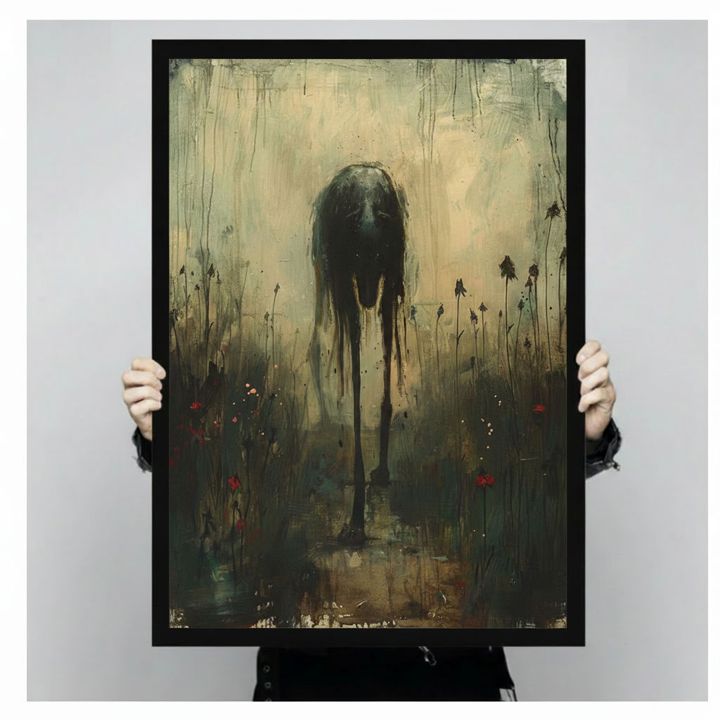 Two hands in black jacket sleeves holding a large black framed dark surrealist faceless creature looming over a withered red flower field gothic oil painting canvas art print with aged ochre background, front-facing vertical size display