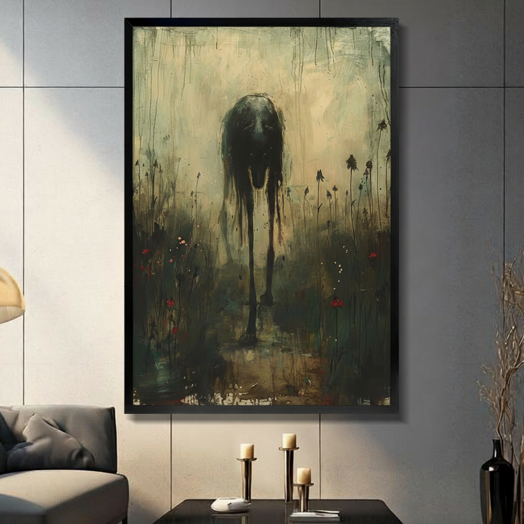 Black framed dark surrealist faceless creature with long spindly legs standing in a withered red flower field gothic oil painting canvas wall art with aged ochre textured background displayed in a modern gray living room with dark sofa and gold candlesticks