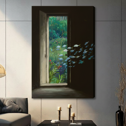 Unframed canvas wall art featuring surrealist dark doorway opening to vibrant green garden with school of blue-silver fish floating through, hung in contemporary living room