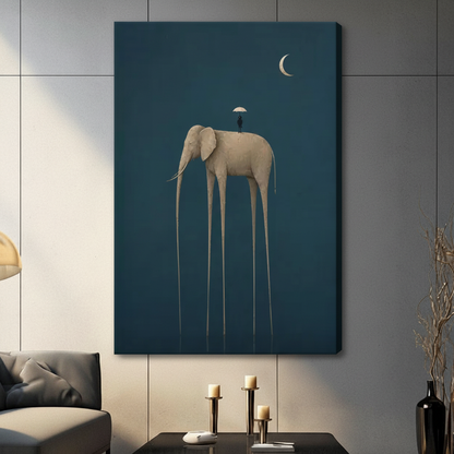 Gallery wrapped canvas of a surreal long-legged elephant with a small figure holding an umbrella and a crescent moon on a deep teal background, hung on a grey wall in a contemporary living room with dark sofa and dried floral arrangement