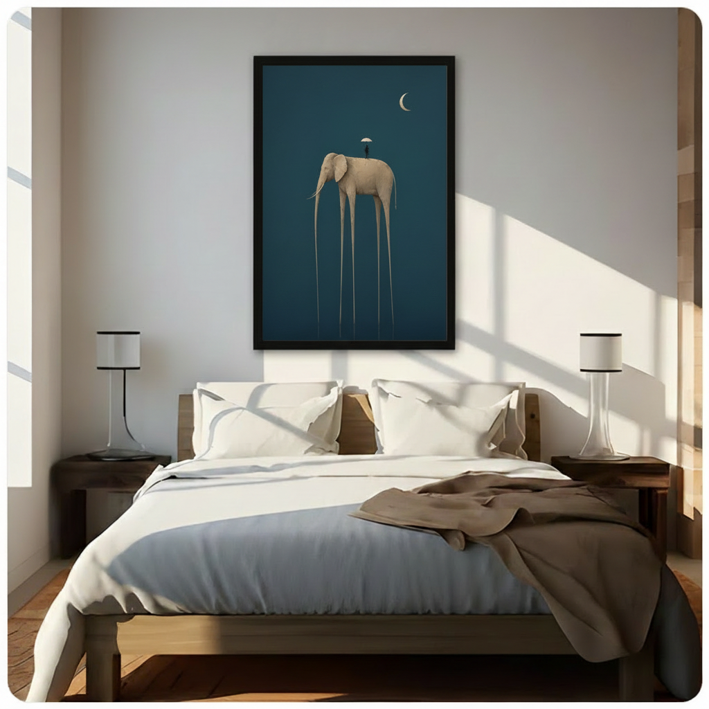 Framed surrealist teal elephant art print hung above a wooden bed in a sunlit minimalist bedroom, featuring a dreamlike long-legged golden elephant with a small umbrella figure and crescent moon on a deep teal background