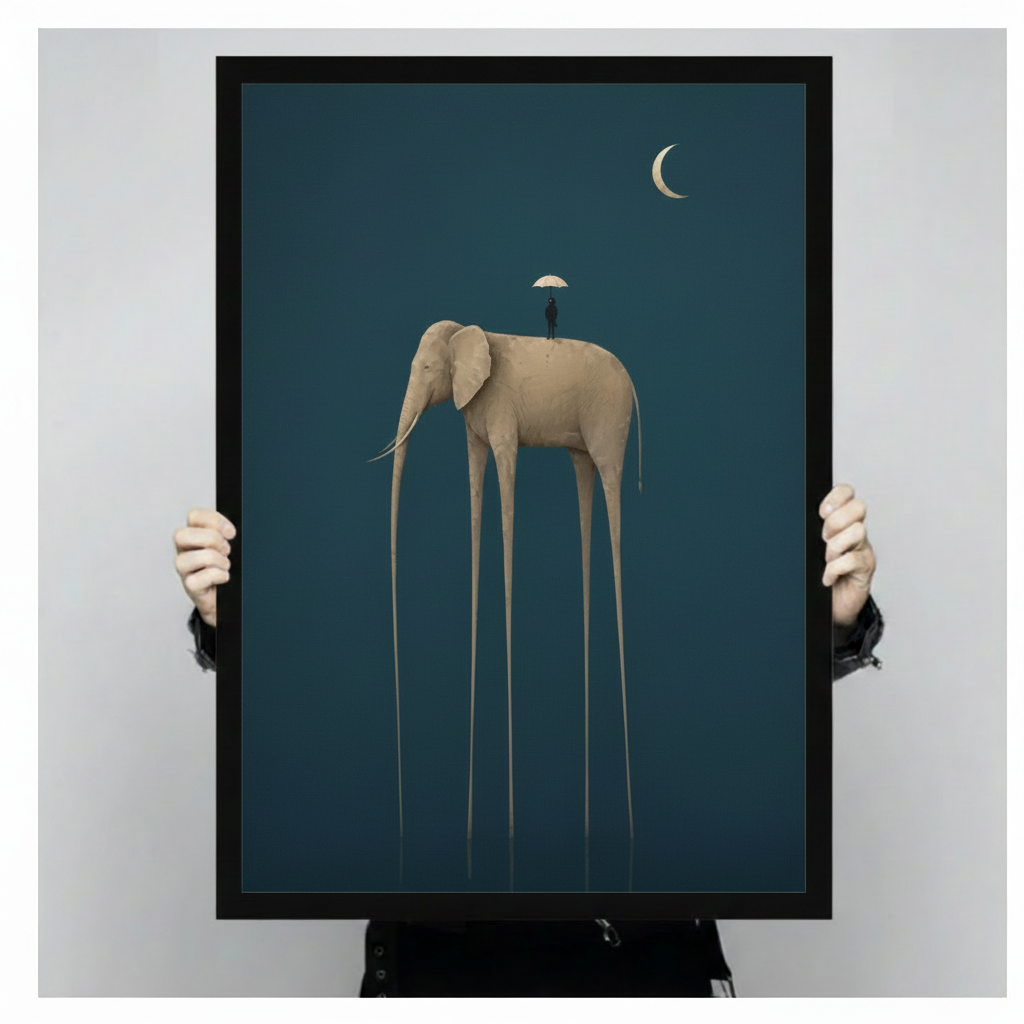 Person holding a large black framed surrealist canvas art print depicting a golden long-legged elephant with a tiny figure under an umbrella against a deep teal background with a crescent moon in the upper right corner, showcasing print size and frame quality