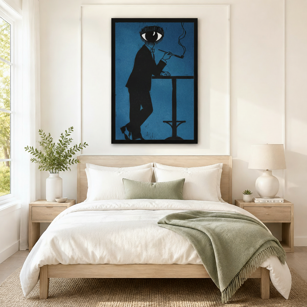 Black framed surrealist eye-head man smoking pipe canvas art in deep blue above a bed with white linen bedding, a sage throw blanket, white nightstands, potted plants, and a ceramic table lamp