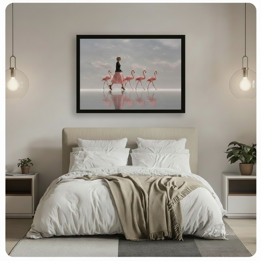 Framed surreal canvas art hung above a bed featuring a woman in a flowing pink skirt leading a flock of flamingos across a misty lake, adding an elegant and dreamy atmosphere to the bedroom