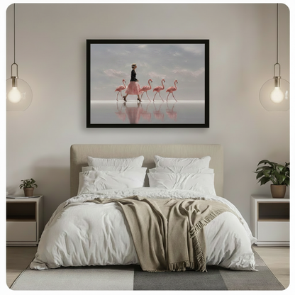 Framed surreal canvas art hung above a bed featuring a woman in a flowing pink skirt leading a flock of flamingos across a misty lake, adding an elegant and dreamy atmosphere to the bedroom
