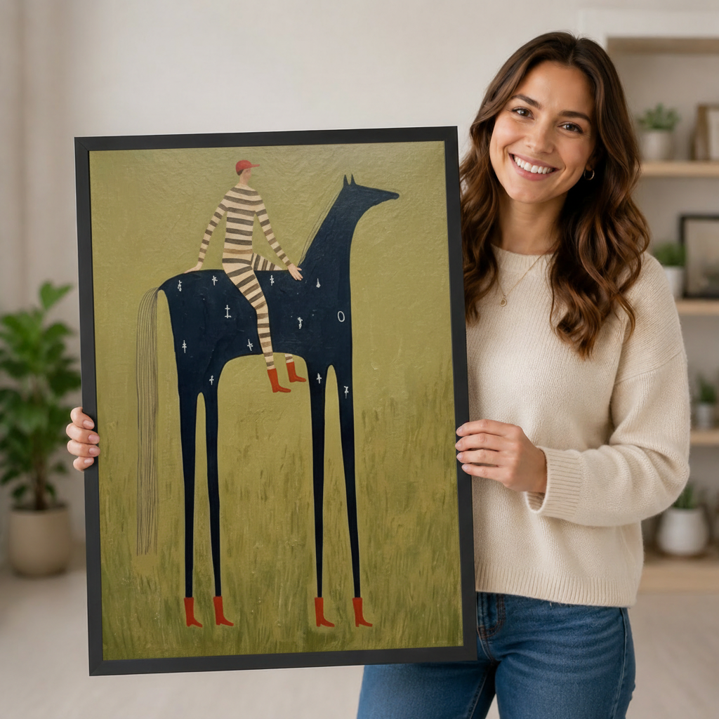 Smiling woman holding a large black framed surrealist folk art print of a striped figure riding a long-legged dark horse with red boots on an olive green background against a neutral indoor backdrop with shelving and potted plants