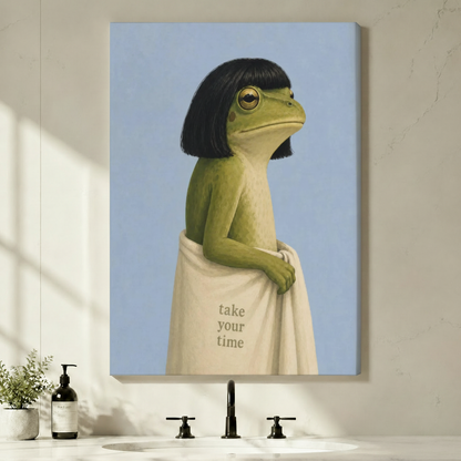 Stretched canvas wall art of a deadpan green frog in a black bob wig draped in a cream towel with take your time text, hung above a minimalist bathroom vanity with soap dispenser and trailing green plant