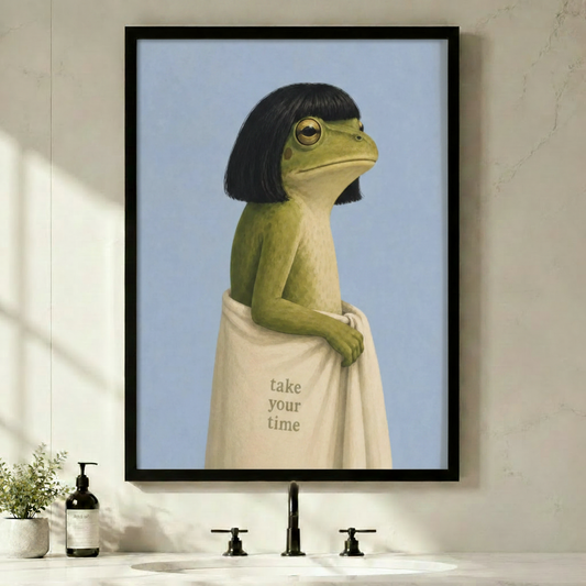 Black framed surreal frog with black bob haircut wrapped in a cream take your time towel, displayed above a modern bathroom sink with a soap dispenser and small potted plant on a white marble countertop