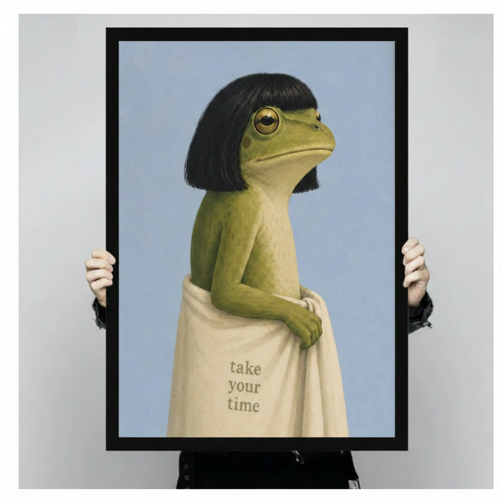 Person holding a large black framed surreal green frog canvas art print featuring a stoic frog with black bob hair wrapped in a cream towel with take your time lettering against a light gray studio background