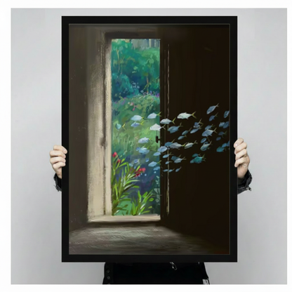 Close-up of black framed surrealist wall art print showing dark open doorway, green garden interior and school of silver-blue fish, held by person against neutral background