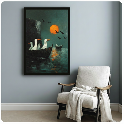 Framed surreal impasto oil painting three white geese with orange beaks riding a dark wooden rowboat on a moody teal green night lake beneath a glowing full orange moon with golden reflection on water black cliff silhouette on left flying bird silhouettes above and a small distant boat on the right canvas print on pale blue-grey wall beside white wood arm accent chair with draped cream linen throw blanket - dramatic geese boat orange moon teal wall art for cozy reading nook decor