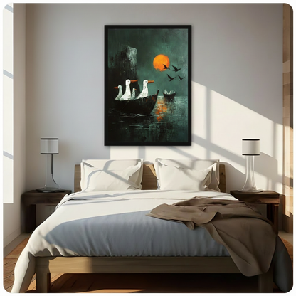 Framed surreal impasto oil painting three white geese with orange beaks riding a dark wooden rowboat on a moody teal green night lake beneath a glowing full orange moon with golden reflection on water black cliff silhouette on left flying bird silhouettes above and a small distant boat on the right canvas print above dark walnut platform bed with white linen duvet and caramel throw in sunlit minimalist bedroom with twin slim cylindrical table lamps on wooden nightstands - dramatic geese boat orange moon tea