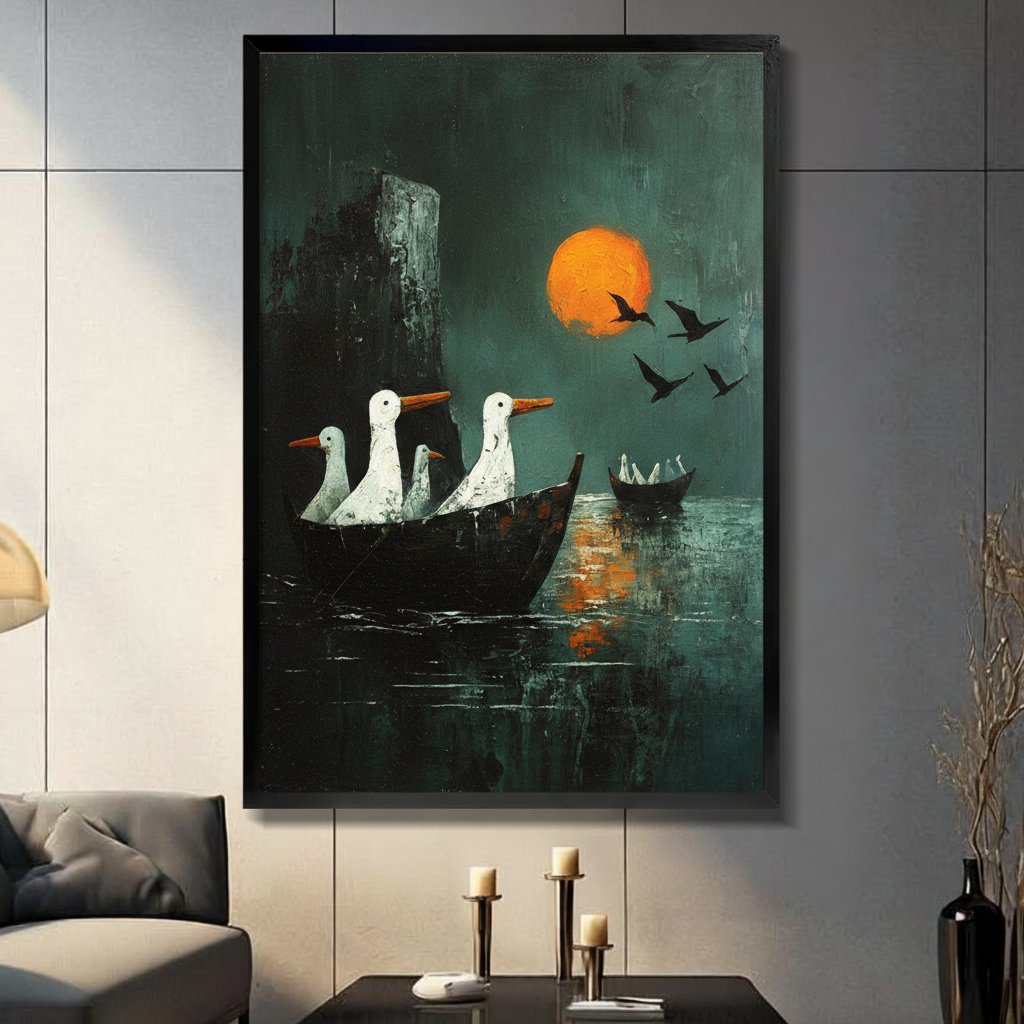 Framed surreal impasto oil painting three white geese with orange beaks riding a dark wooden rowboat on a moody teal green night lake beneath a glowing full orange moon with golden reflection on water black cliff silhouette on left flying bird silhouettes above and a small distant boat on the right canvas print on light grey tile wall in modern living room with charcoal sofa and brass candlestick holders on coffee table - dramatic geese boat orange moon teal wall art for contemporary home decor