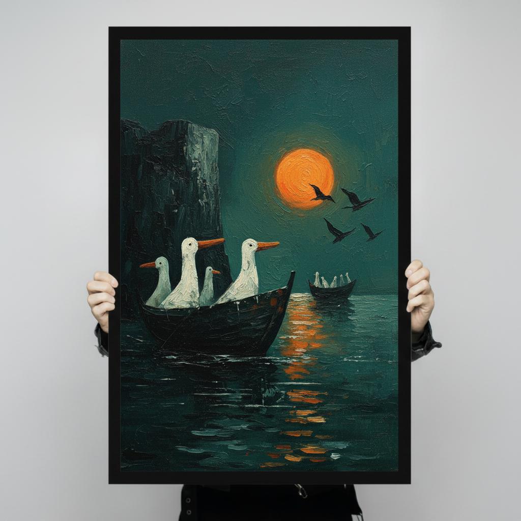 Person holding large framed surreal impasto oil painting trio of white geese with amber beaks seated upright in a weathered black wooden boat drifting on dark emerald green water under a large vivid orange full moon casting warm golden ripples on the surface with a towering dark rock formation on the left scattered bird silhouettes in flight and a tiny boat in the misty distance canvas print with both hands against light grey background - close up size reference of atmospheric geese boat orange moon teal wa