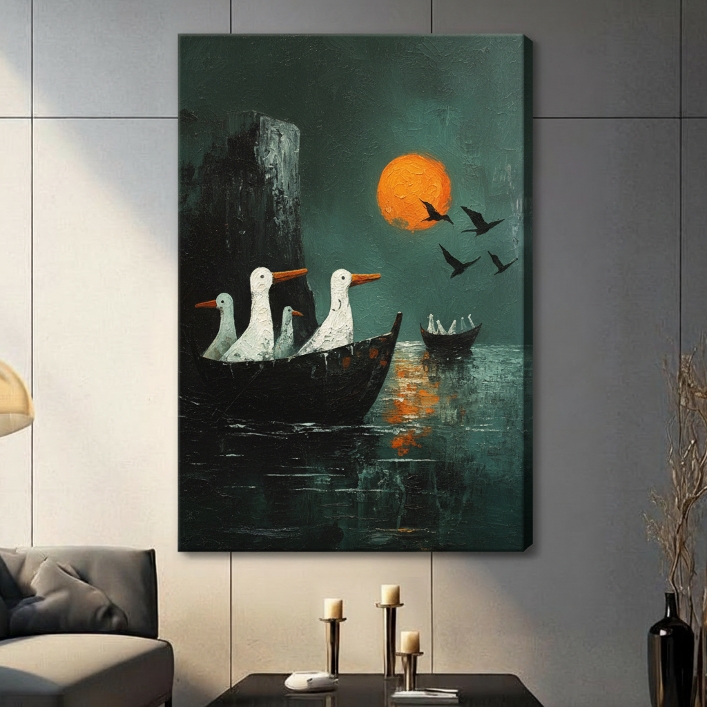 Unframed surreal impasto oil painting trio of white geese with amber beaks seated upright in a weathered black wooden boat drifting on dark emerald green water under a large vivid orange full moon casting warm golden ripples on the surface with a towering dark rock formation on the left scattered bird silhouettes in flight and a tiny boat in the misty distance canvas print on light grey tile wall in contemporary living room with charcoal sofa and tall pillar candles - atmospheric geese boat orange moon teal