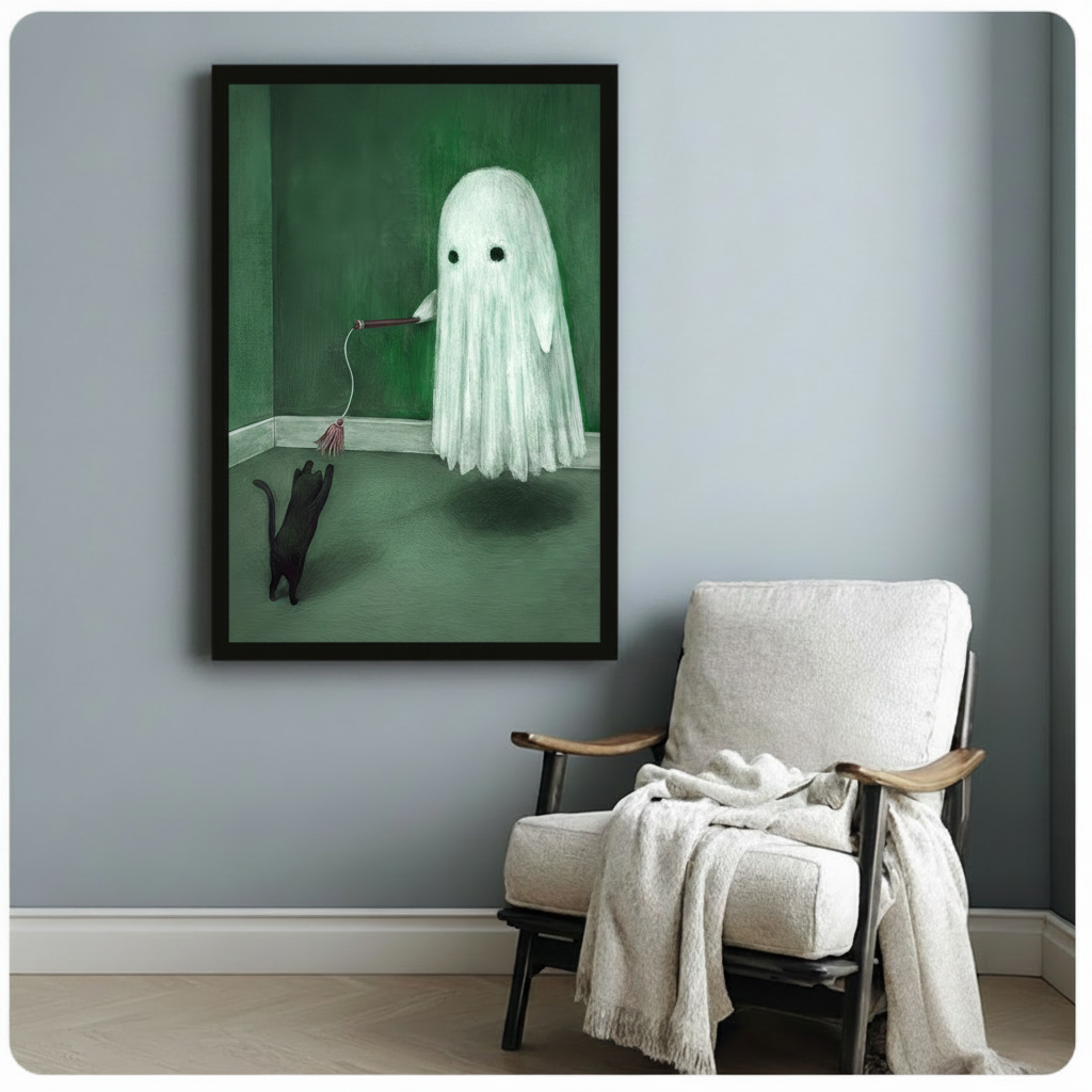 Framed surreal whimsical oil painting fluffy white ghost with hollow black eyes floating in deep emerald green room holding a wooden cat wand toy on string while small black cat stands on hind legs reaching upward to bat at the tassel on sage green floor with soft shadow beneath ghost canvas print on pale blue-grey wall beside white wood arm accent chair with draped cream linen throw blanket - funny ghost playing black cat green wall art for cozy reading nook decor