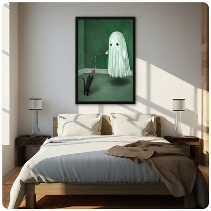 Framed surreal whimsical oil painting fluffy white ghost with hollow black eyes floating in deep emerald green room holding a wooden cat wand toy on string while small black cat stands on hind legs reaching upward to bat at the tassel on sage green floor with soft shadow beneath ghost canvas print above dark walnut platform bed with white linen duvet and caramel throw in sunlit minimalist bedroom with twin slim cylindrical table lamps on wooden nightstands - funny ghost playing black cat green wall art for 